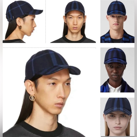 BURBERRY CASHMERE NAVY SIGNATURE CHECKERED PATTERN UNISEX BASEBALL CAP - Picture 10 of 16